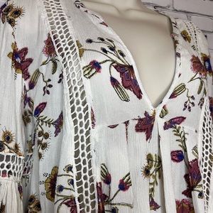 Free People Boho V Neck Ivory/Floral Long Sleeve Gauzy Pullover Size XS-fits big